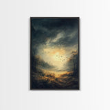 Landscape Painting Framed Canvas Print Featuring Sunset Over Autumn Forest with Dark Romantic Smoky Mountain Art and Rustic Decor
