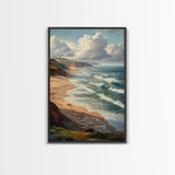 Coastal Seascape Framed Canvas Print Ocean Landscape Painting Cliffside Waves Art Nautical Coastal Decor Above Sofa Rustic Living Room Art