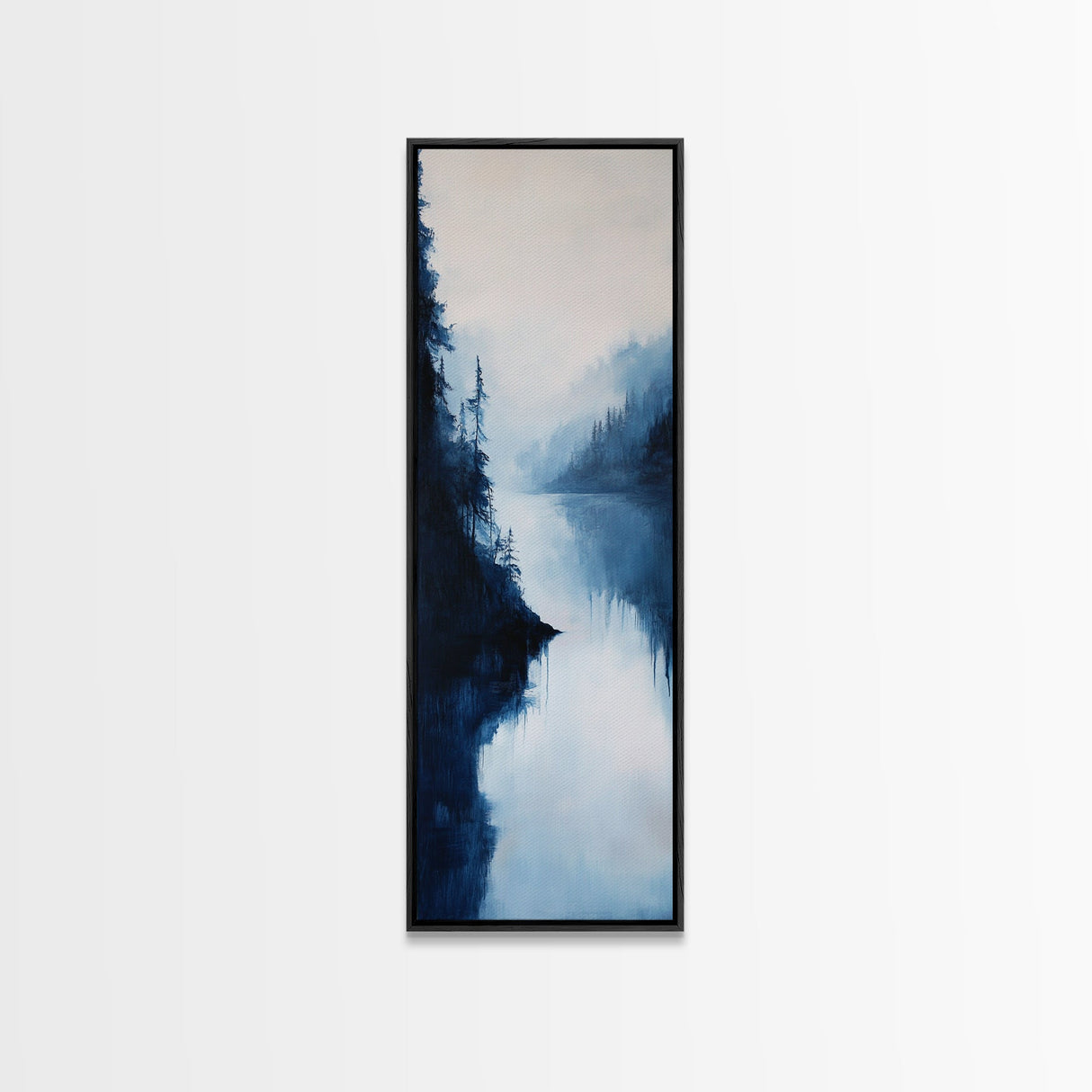 Misty Lake, pine tree art, moody art, mountain painting, wabi sabi art, blue and green wall art, Framed Canvas Print, rustic wall art