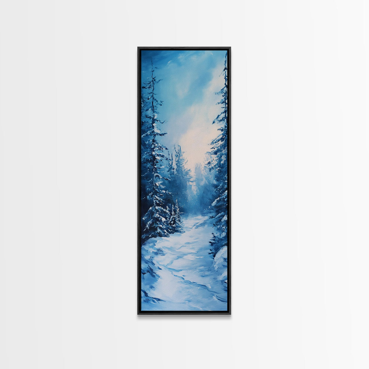 Winter Path, snowy pine tree art, moody art, Christmas wall art, wabi sabi art, landscape painting, Framed Canvas Print