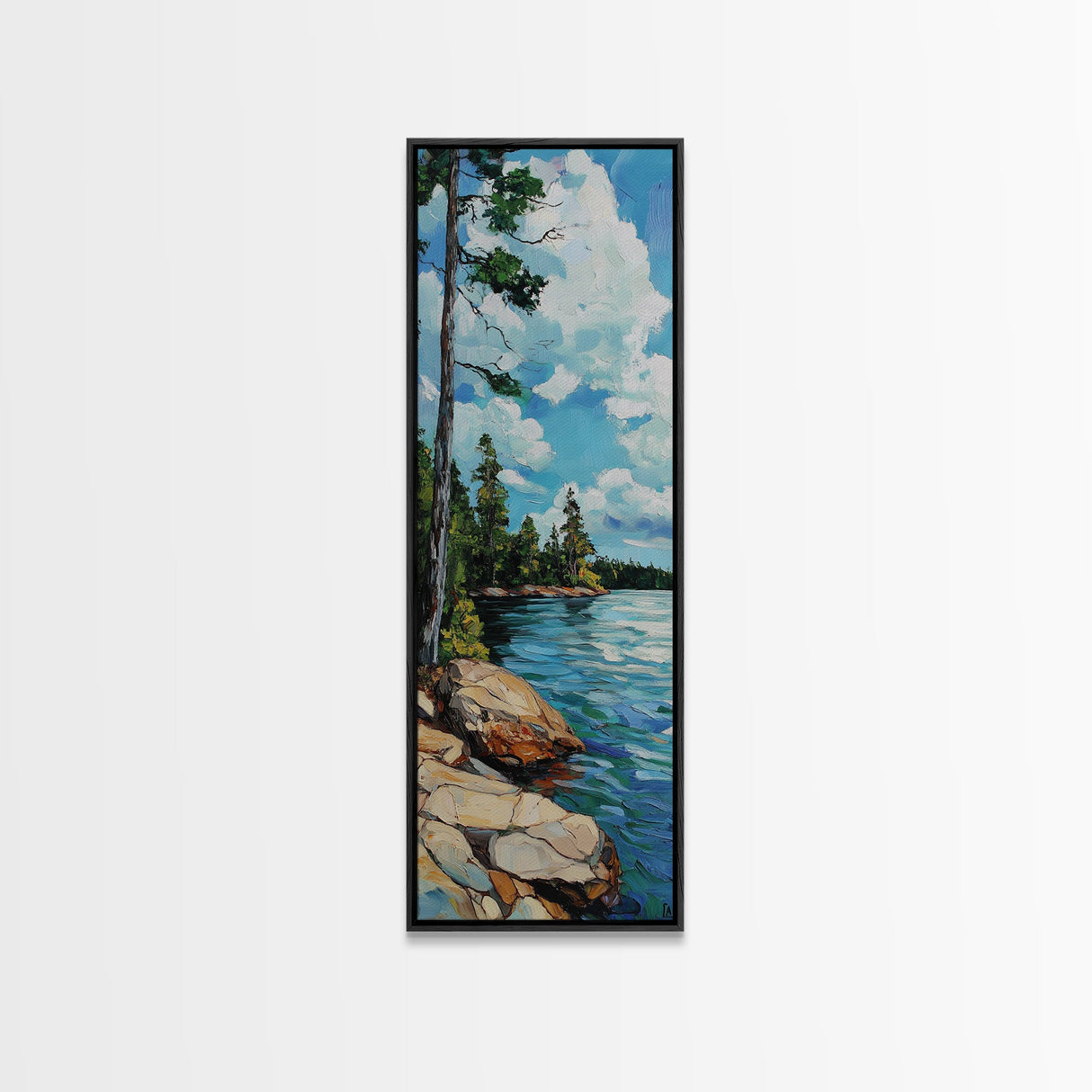 Rocky Shore, Pine Tree Art, Coastal Landscape, Nautical Painting, Blue and Green Wall Art, Framed Canvas Print,