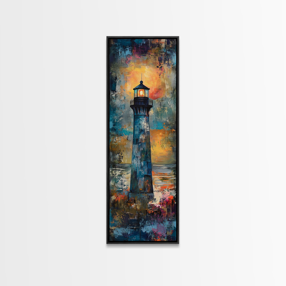 Lighthouse Glow, Moody Seascape, Nautical Painting, Coastal Decor, Sunset Wall Art, Framed Canvas Print, Bedroom Art