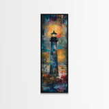Lighthouse Glow, Moody Seascape, Nautical Painting, Coastal Decor, Sunset Wall Art, Framed Canvas Print, Bedroom Art