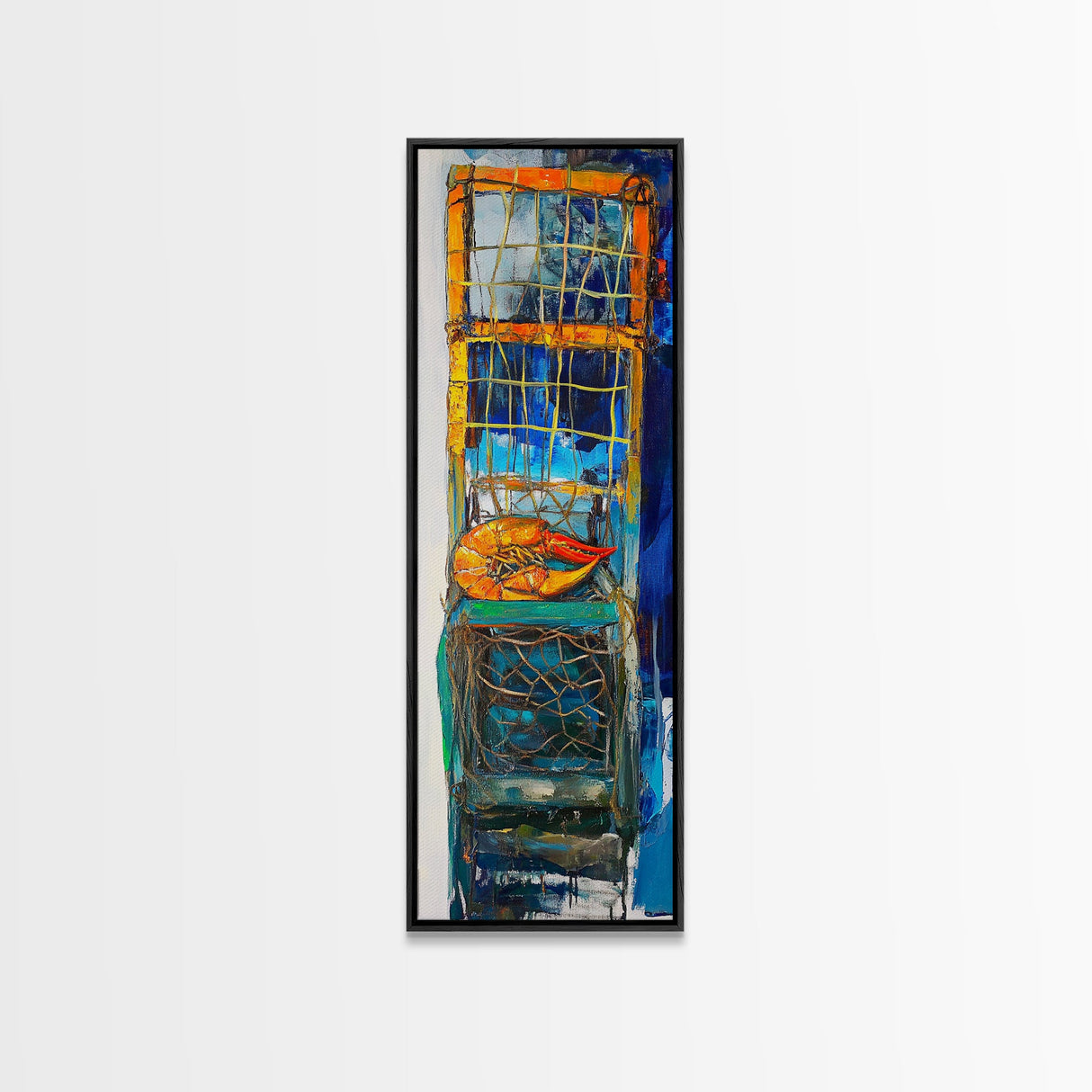 Crayfish painting, nautical wall art, rustic art, kitchen decor, fisherman painting, blue and orange, framed canvas print, gift idea