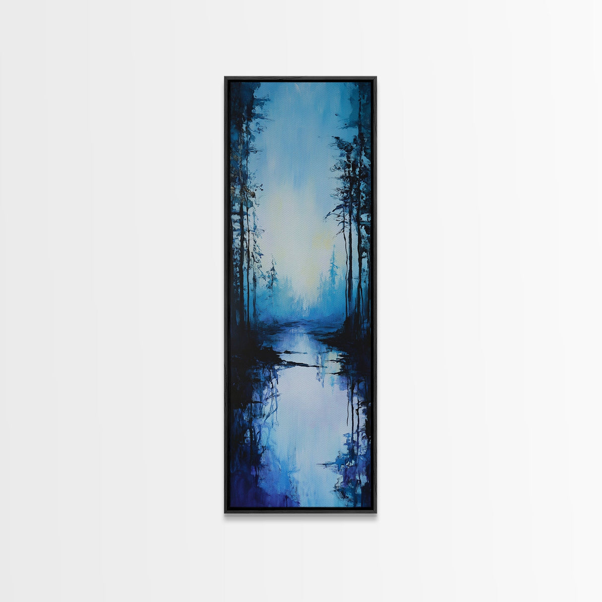 Misty Lake, Dark Forest, Moody Art, Landscape Painting, Minimalist Art, Blue and Green Wall Art, Framed Canvas Print, Vertical Wall Art