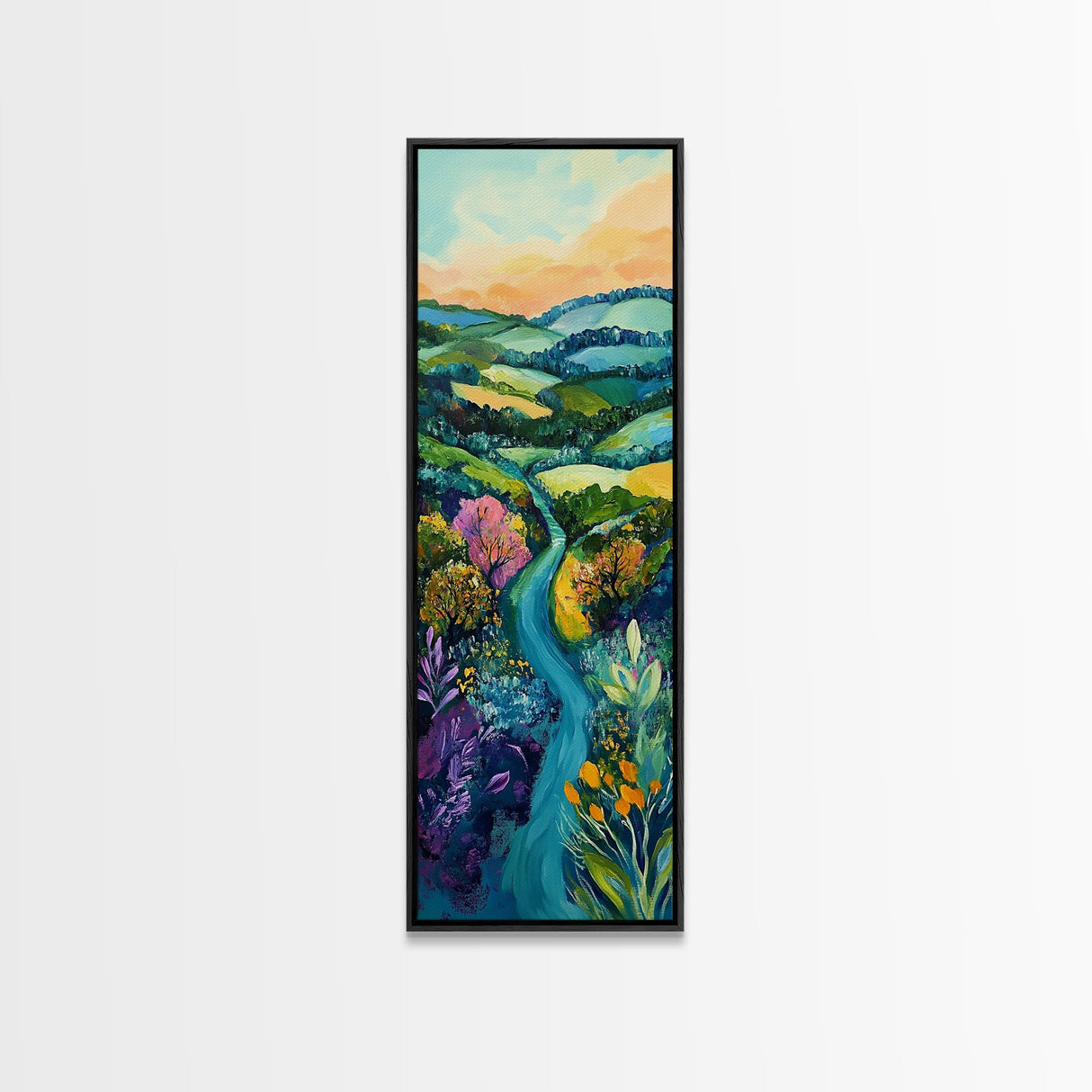 Rolling Hills, Ireland painting, wildflower painting, green wall art, farmhouse decor, Framed Canvas Print, landscape painting