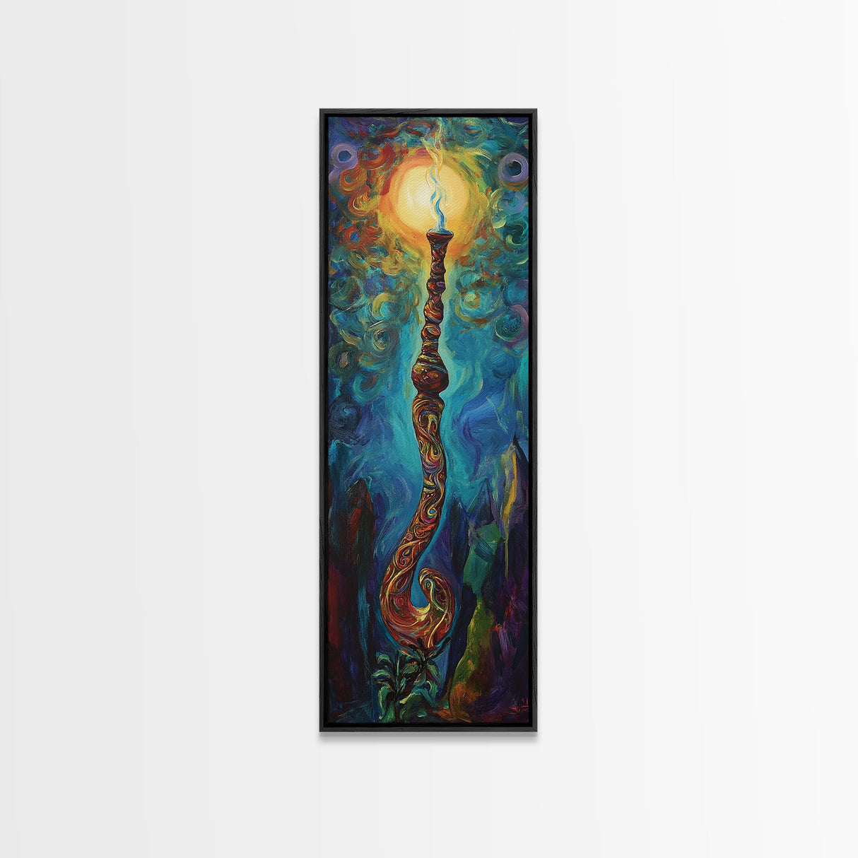 Cosmic Palm Tree, palm tree painting, pink orange wall art, tropical art, framed canvas print, psychedelic art, beach house decor