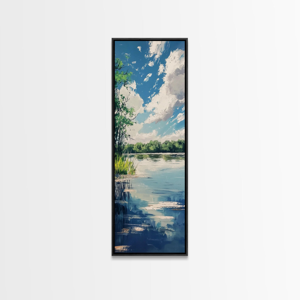Lake Reflection, Landscape Painting, Moody Art, Coastal Decor, Above Sofa Art, Bedroom Art, Framed Canvas Print
