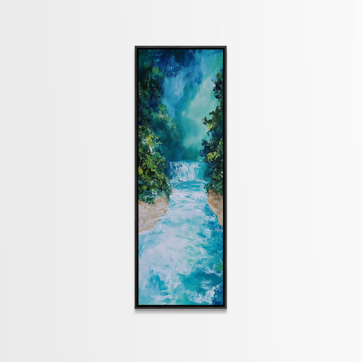 Waterfall Serenity, coastal landscape art, zen wall art, framed canvas print, wabi sabi art, tall narrow art, rustic decor