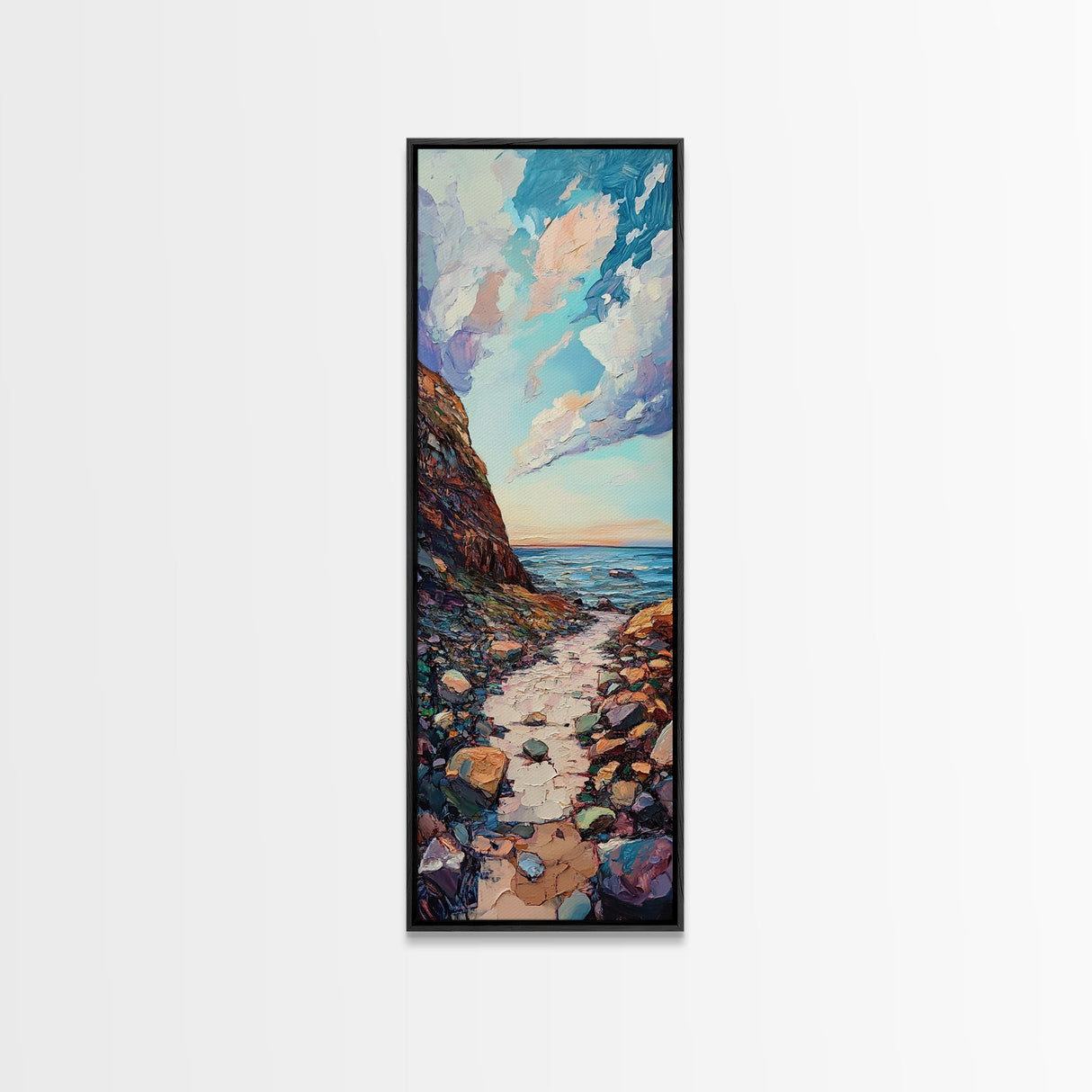 Rocky Coastline, Ocean Waves, Beach Path, Framed Canvas Print, coastal landscape art, farmhouse art, rustic décor