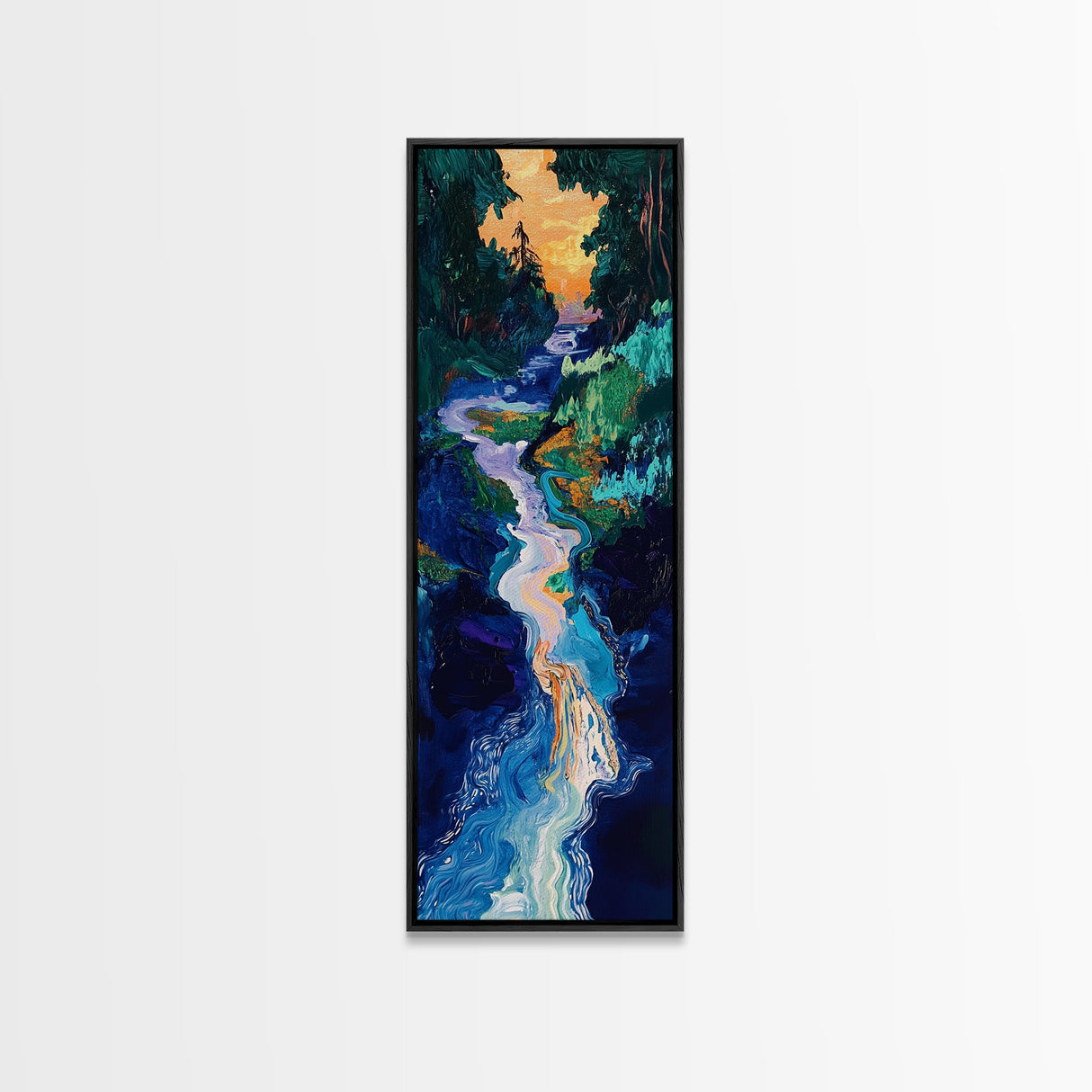 Sunset river, moody art, pine tree art, smoky mountain art, framed canvas print, vertical wall art, original painting