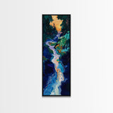 Sunset river, moody art, pine tree art, smoky mountain art, framed canvas print, vertical wall art, original painting