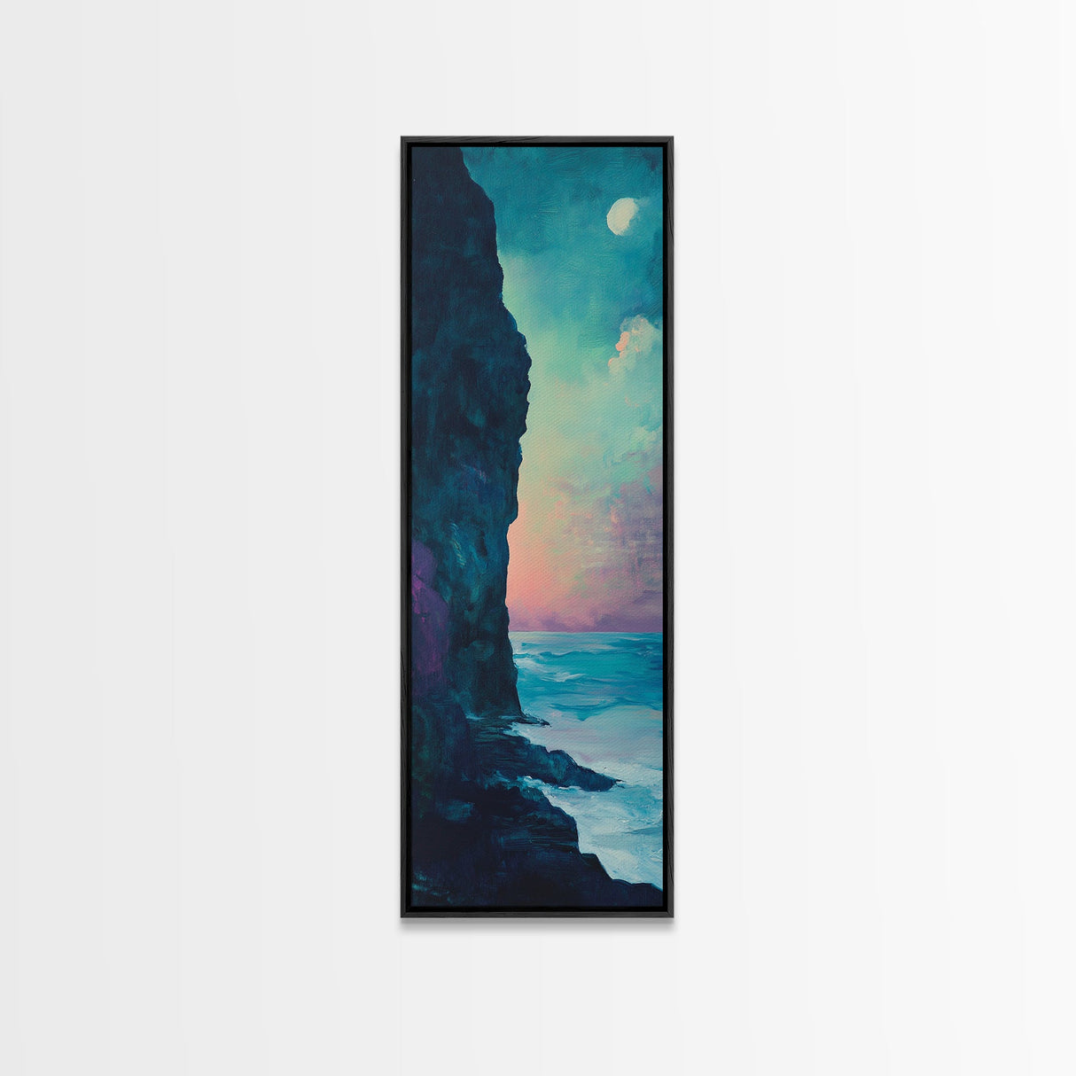 Cliffside Moon Painting, Moody Art, Coastal Wall Art, Landscape Painting, Ocean Art, Framed Canvas Print, Nautical Decor