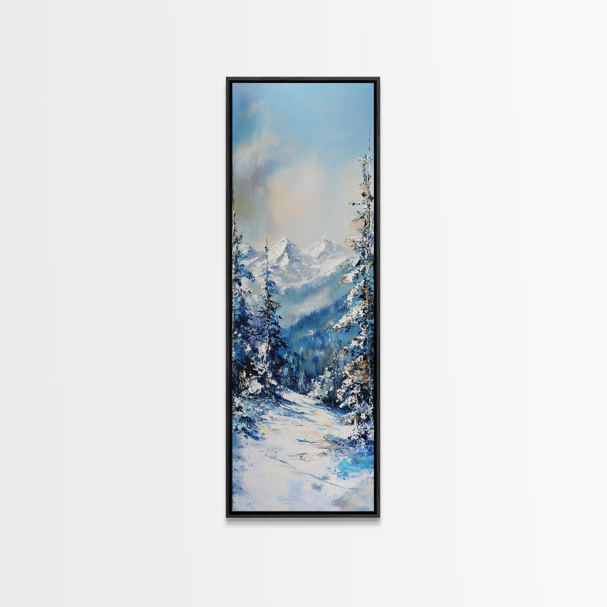 Snowy Mountain Path, winter landscape painting, mountain painting, pine tree art, rustic wall art, framed canvas print