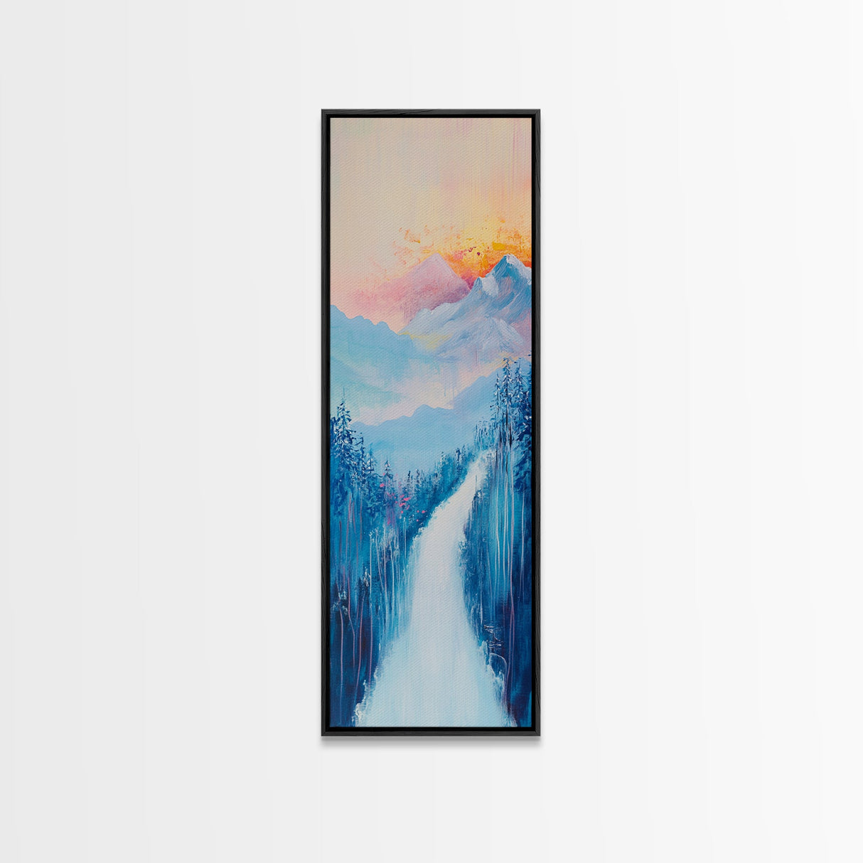 Sunset Over Mountains, pink orange wall art, mountain painting,  framed canvas print, extra wide art