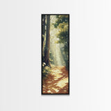 Forest Path, Sunlit Trees, Woodland Art, Framed Canvas Print, Landscape Painting, Tall Narrow Art, Rustic Décor