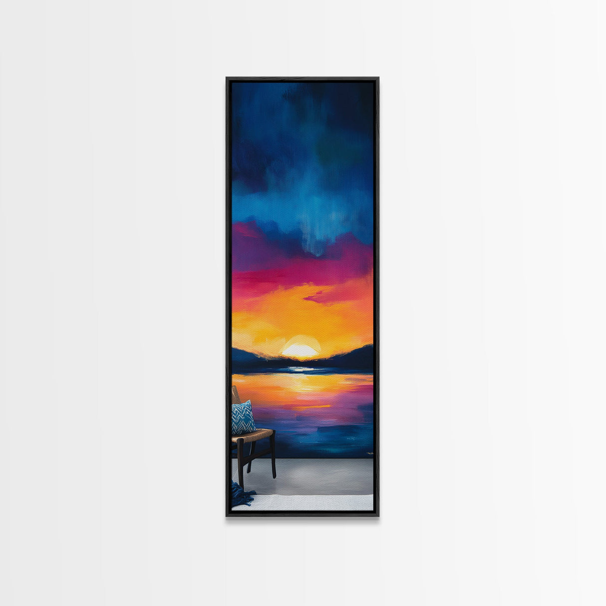 Sunset Over Water, Lake Tahoe Art, Bold Colors, Framed Canvas Print, Tall Narrow Art, Boho Art, Above Bed Wall Art, Panoramic Art