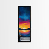 Sunset Over Water, Lake Tahoe Art, Bold Colors, Framed Canvas Print, Tall Narrow Art, Boho Art, Above Bed Wall Art, Panoramic Art