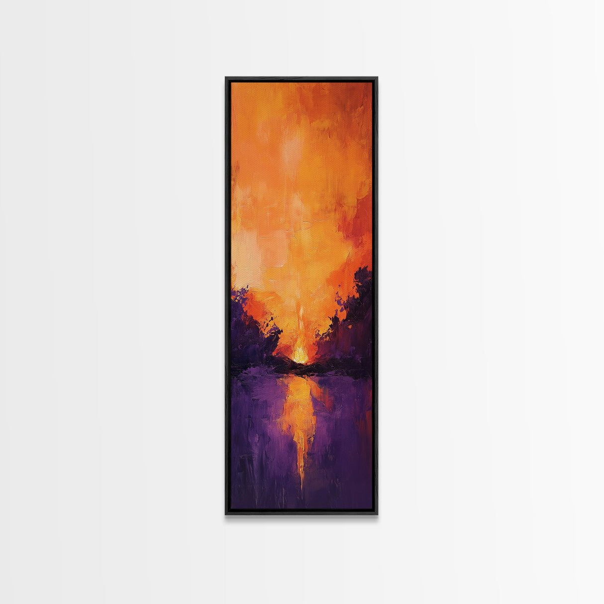 Fiery Sunset Reflection, mountain painting, moody art, forest at dusk painting, pine tree art, framed canvas print, vertical wall art
