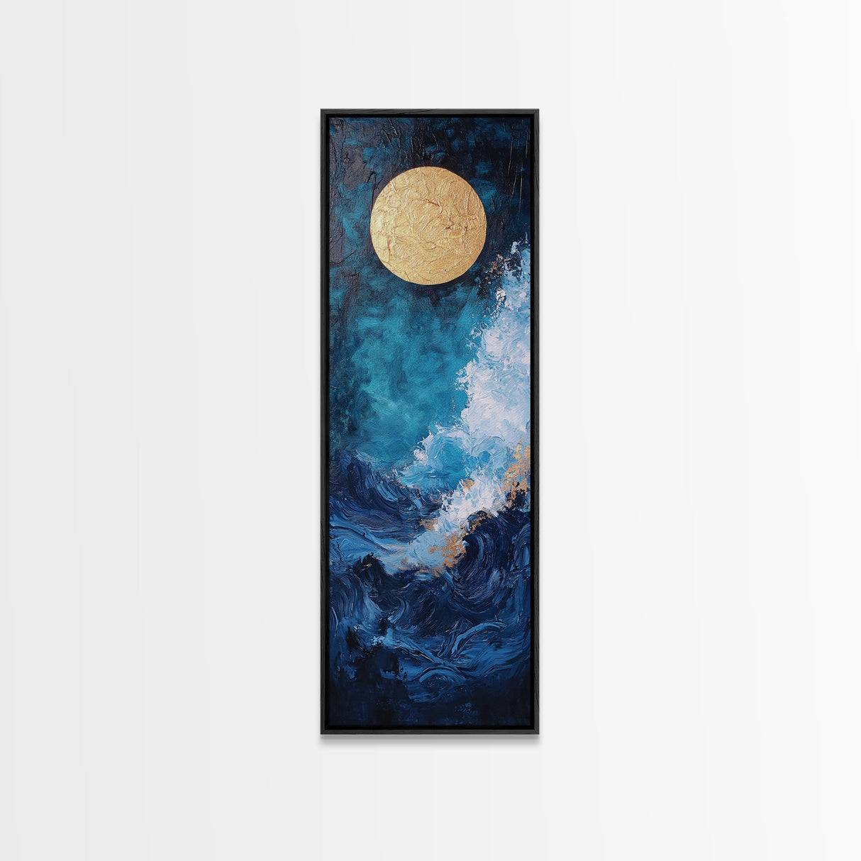 Golden Moon, crashing waves, nautical painting, moody art, coastal wall art, wabi sabi art, framed canvas print, ocean painting