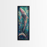 Vibrant Whale, Whale Painting, Coastal Decor, Nautical Wall Art, Blue and Green Wall Art, Skinny Wall Art, Framed Canvas Print