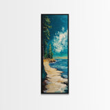 Pine Trees by the Lake, lake Tahoe art, coastal landscape art, pine tree art, nature lover gift, framed canvas print, vertical wall art