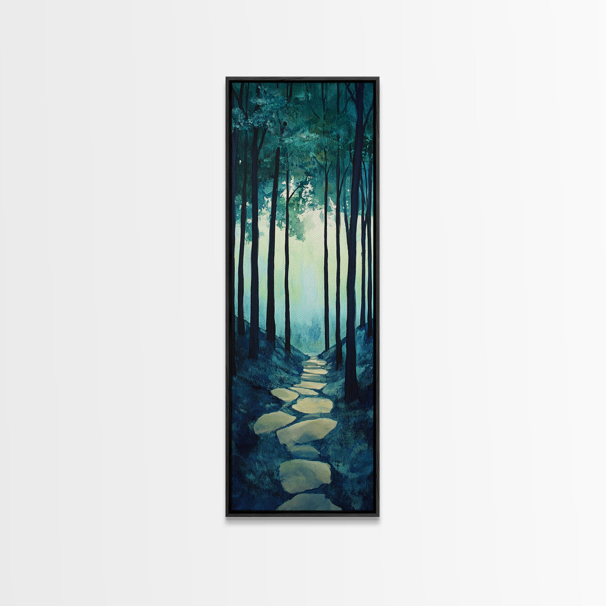 Forest Path, pine tree art, wabi sabi wall art, rustic decor, landscape painting, tall narrow art, green wall art, canvas print