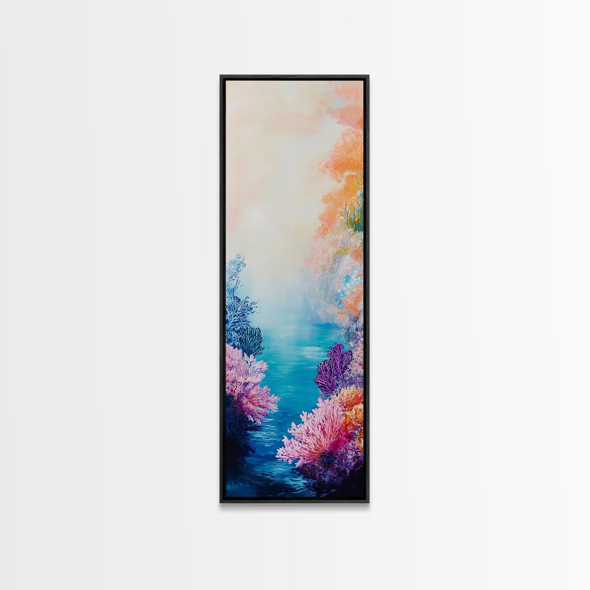 Coral Reef, dolphin painting, blue and green wall art, ocean painting, tropical decor, tall skinny art, coastal decor, canvas print