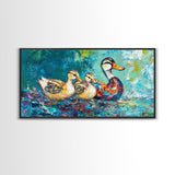 Duck Family, bird art, whimsical art, teal wall art, gift idea for her, landscape painting, extra wide art, Framed Canvas Print