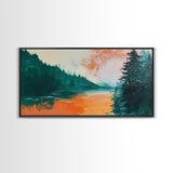 Forest Lake, pine tree art, landscape painting, rustic wall art, autumn painting, extra wide art, wabi sabi art, Framed Canvas Print