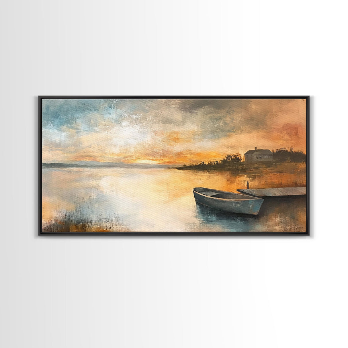 Sunset Reflection, lake painting, rustic decor, nautical painting, seascape painting, extra wide art, Canvas Print, landscape painting