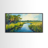 Marshland View, palm tree painting, tropical landscape, coastal decor, green wall art, rustic wall art, Framed Canvas Print