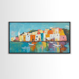 Mediterranean Village, coastal painting, Italy art, colorful homes, seascape painting, extra wide art, Canvas Print, panoramic art