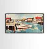 Harbor Boats, Nantucket painting, coastal painting, nautical wall art, fisherman painting, framed canvas print, extra wide art