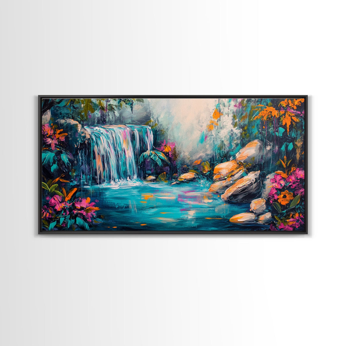 Vibrant Waterfall, Canvas Print, landscape painting, moody art, tropical art, teal wall art, extra wide art, rustic decor