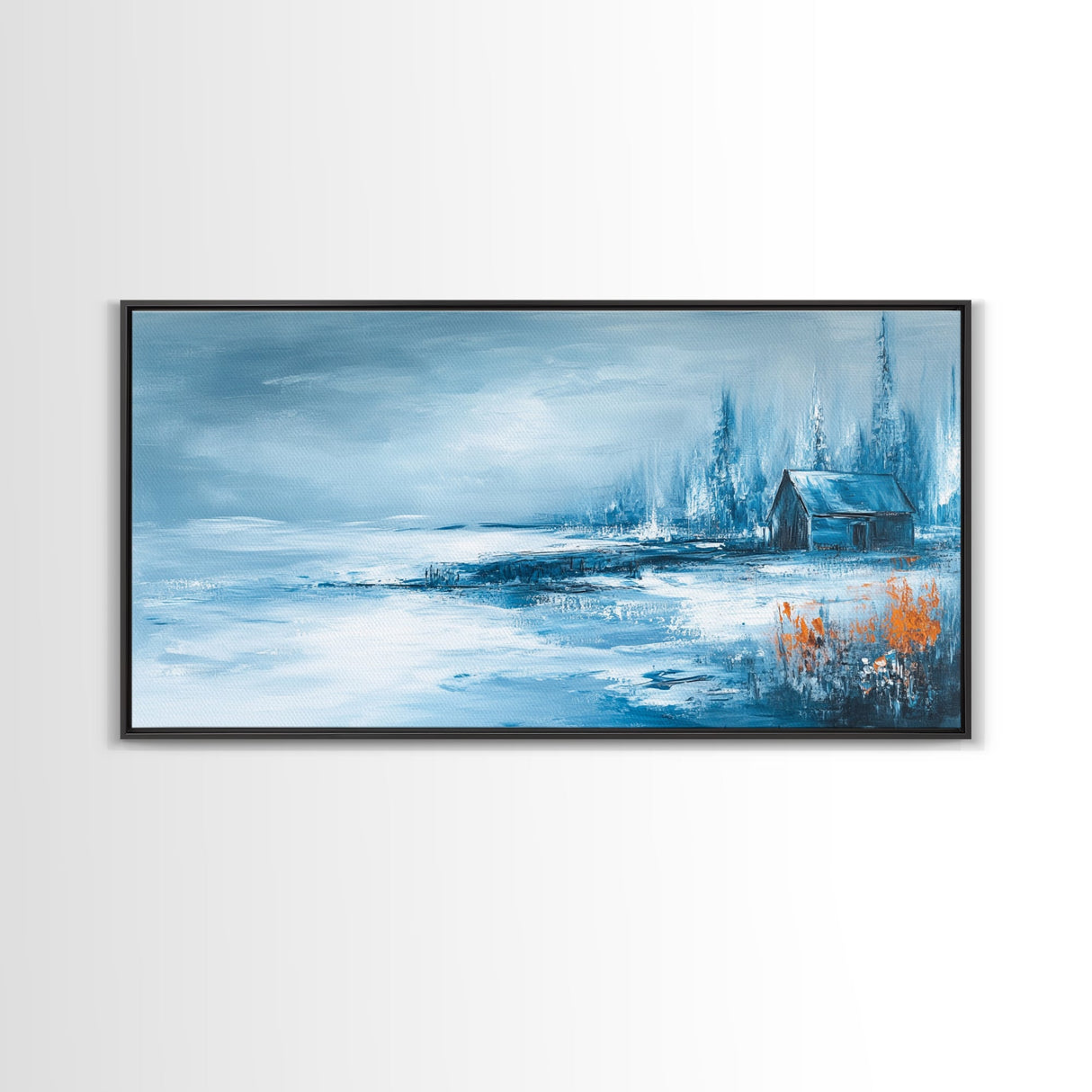 Winter Cabin, Framed Canvas Print, landscape painting, rustic decor, farmhouse art, moody art, above couch art, extra wide art