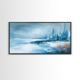 Winter Cabin, Framed Canvas Print, landscape painting, rustic decor, farmhouse art, moody art, above couch art, extra wide art