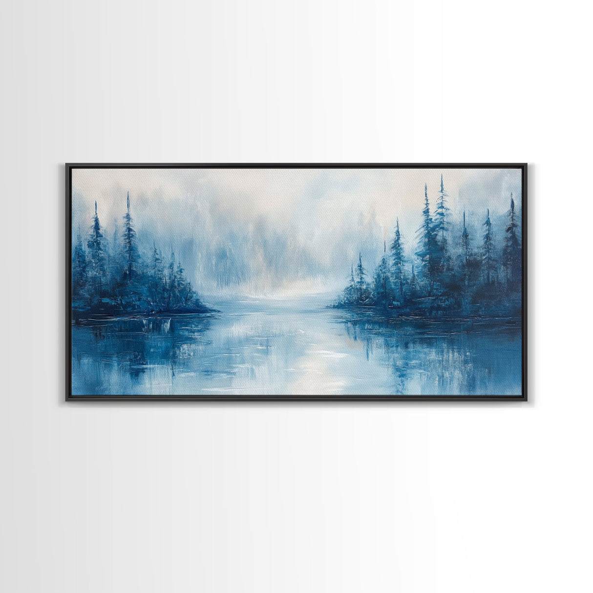 Misty Lake Scene, Moody Art, Pine Tree Art, Landscape Painting, Framed Canvas Print, Bedroom Art, Above Bed Wall Art