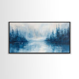 Misty Lake Scene, Moody Art, Pine Tree Art, Landscape Painting, Framed Canvas Print, Bedroom Art, Above Bed Wall Art