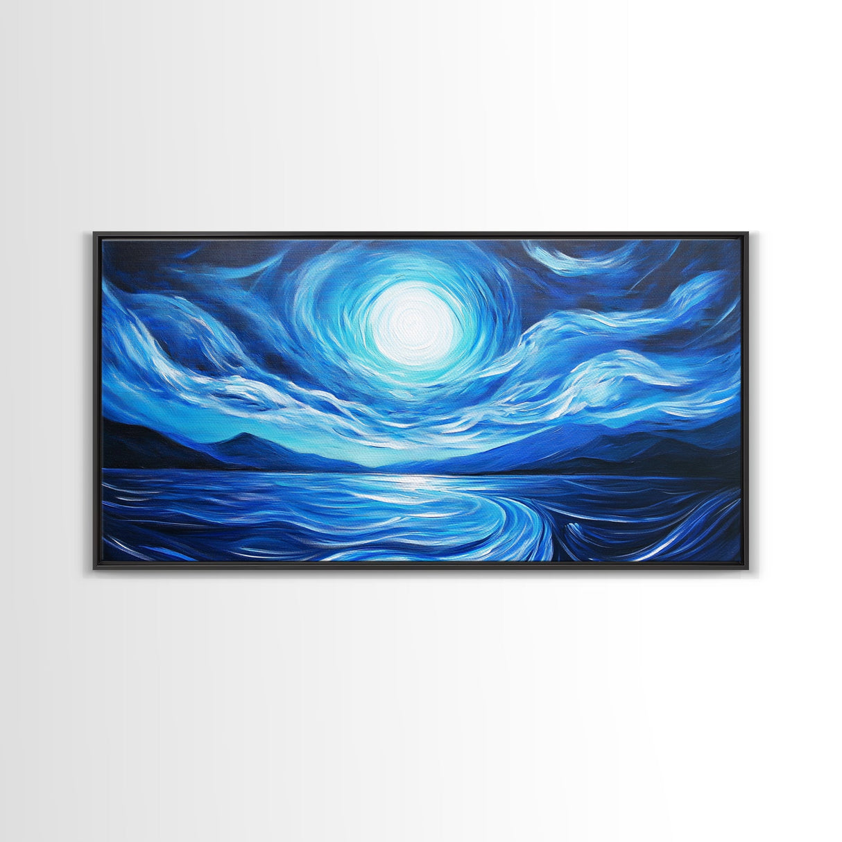 Blue Moon Painting, Moody Art, Nautical Wall Art, Coastal Painting, Framed Canvas Print, Above Couch Art, Extra Wide Art