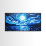 Blue Moon Painting, Moody Art, Nautical Wall Art, Coastal Painting, Framed Canvas Print, Above Couch Art, Extra Wide Art
