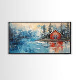 Red Cabin Painting, Lake Tahoe Art, Rustic Wall Art, Barn Landscape Oil Painting, Framed Canvas Print, Above Couch Art, Bedroom Art