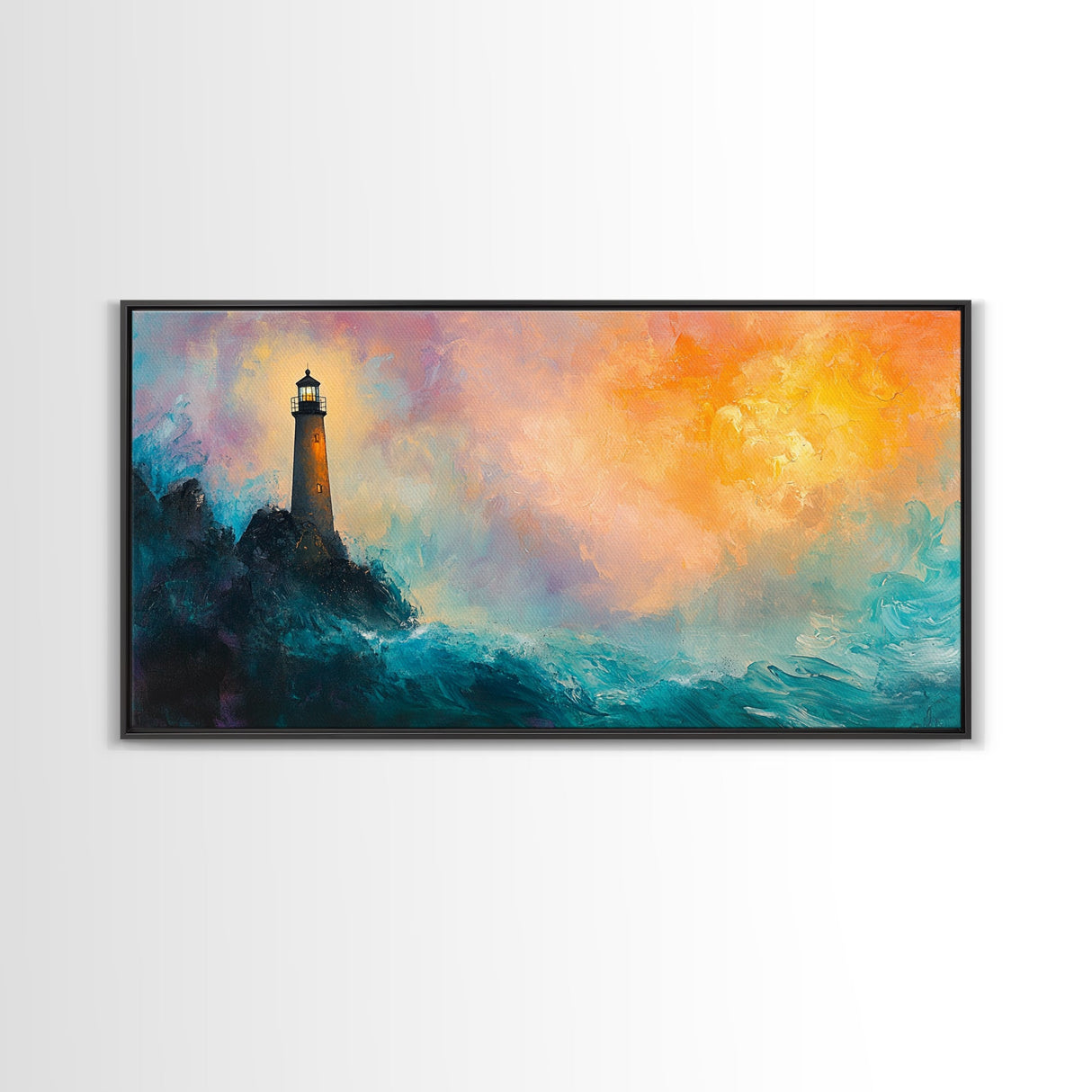 Lighthouse Sunset, coastal painting, nautical wall art, seascape painting, lighthouse art, framed canvas print, panoramic art