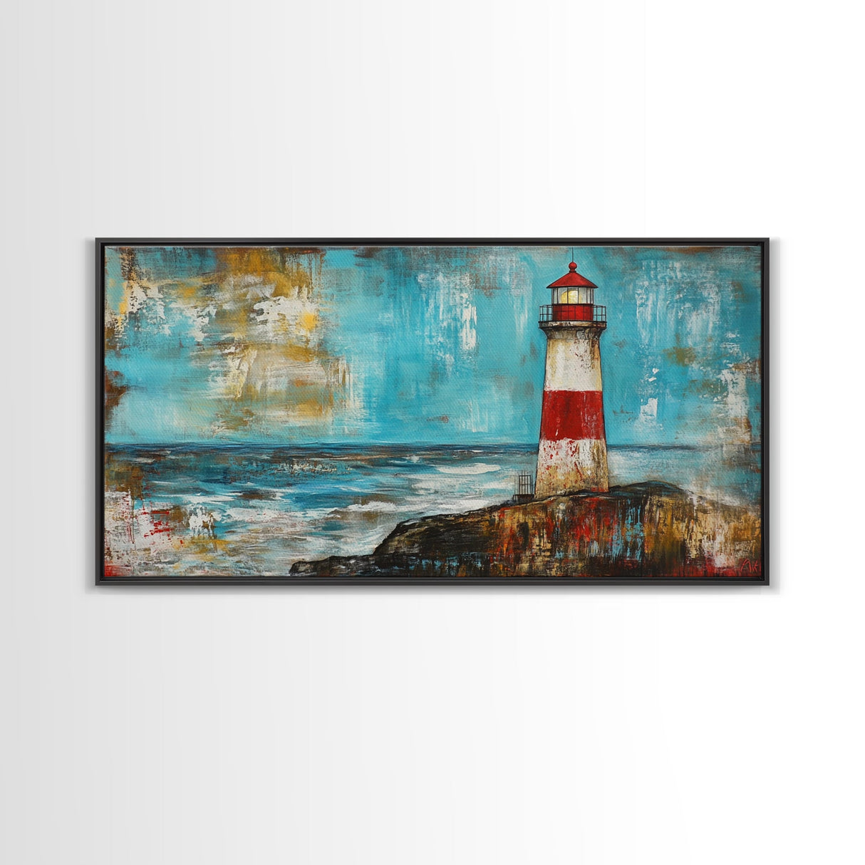Red Lighthouse, nautical painting, coastal wall art, beach house decor, ocean painting, framed canvas print, above couch art