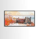 Rustic Dock, coastal decor, rustic art, farmhouse art, seascape painting, nautical painting, framed canvas print, extra wide art