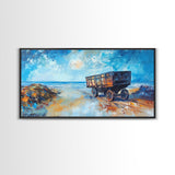 Rustic Wagon, coastal landscape art, framed canvas print, vintage horse art, farmhouse art, extra wide art, panoramic painting