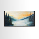 Foggy Pines, smoky mountain art, framed canvas print, forest at dusk painting, pine tree art, above bed wall art, rustic decor