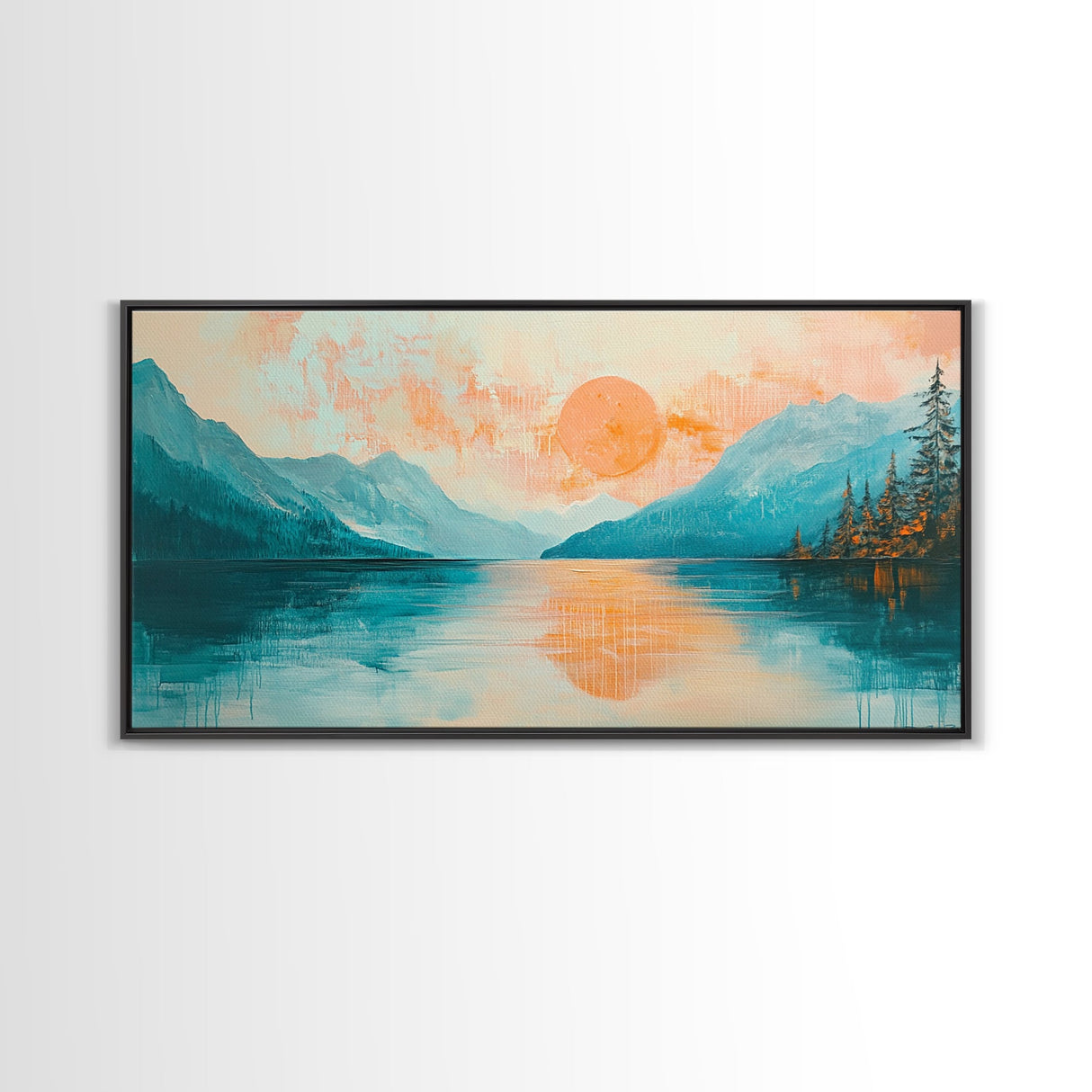 Sunset Lake, lake Tahoe art, framed canvas print, pink orange wall art, horizontal wall art, seascape painting, coastal decor