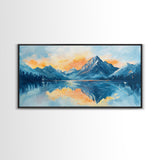 Lake Reflection, Sunset Mountains, Panoramic Art, Framed Canvas Print, Mountain Painting, Lake Art, Horizontal Wall Art, Bedroom Art