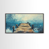 Rustic Dock, Nautical Wall Art, Framed Canvas Print, Coastal Landscape Art, Ocean Painting, Seascape Painting, Extra Wide Art